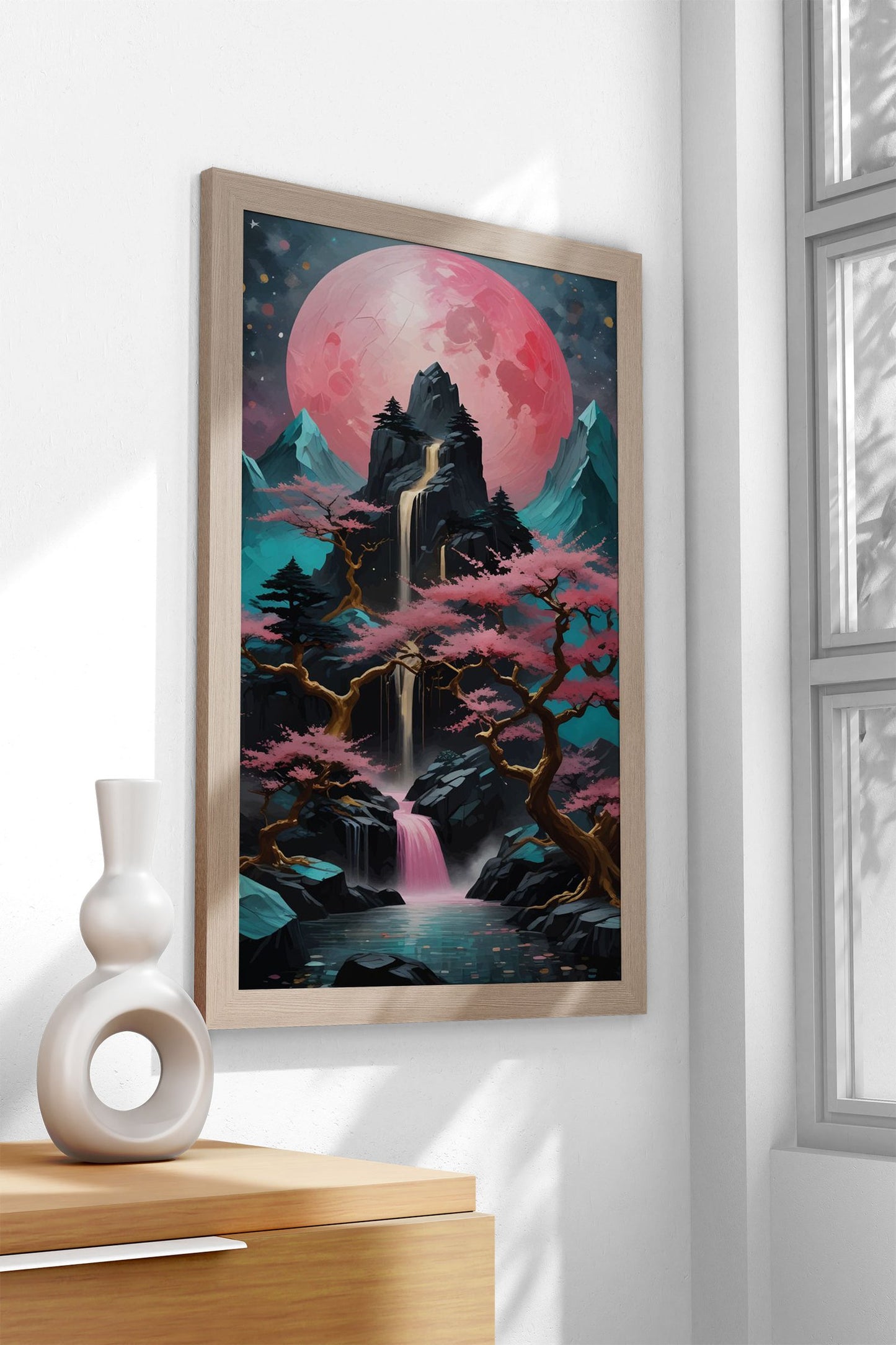 Pink Moon landscape Asian Style Poster | Wall  Art for Home & Office | High-Quality Print