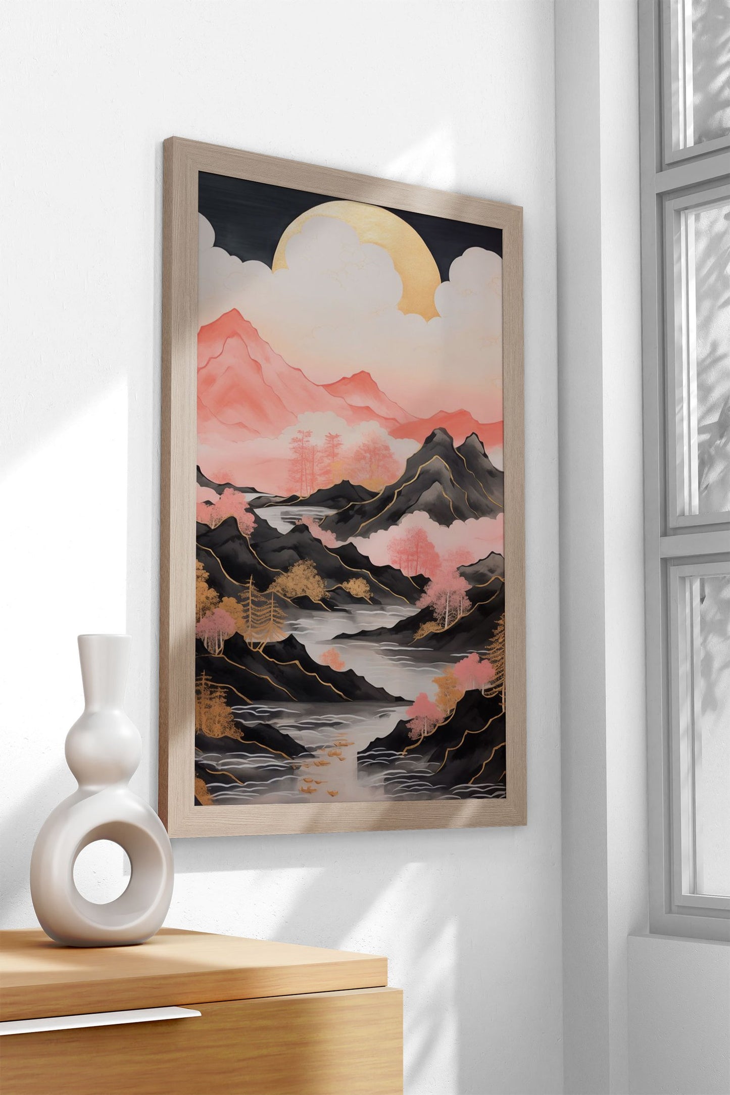 Pink Mountains Asian Style Poster | Wall Art fo r Home & Office | High-Quality Print