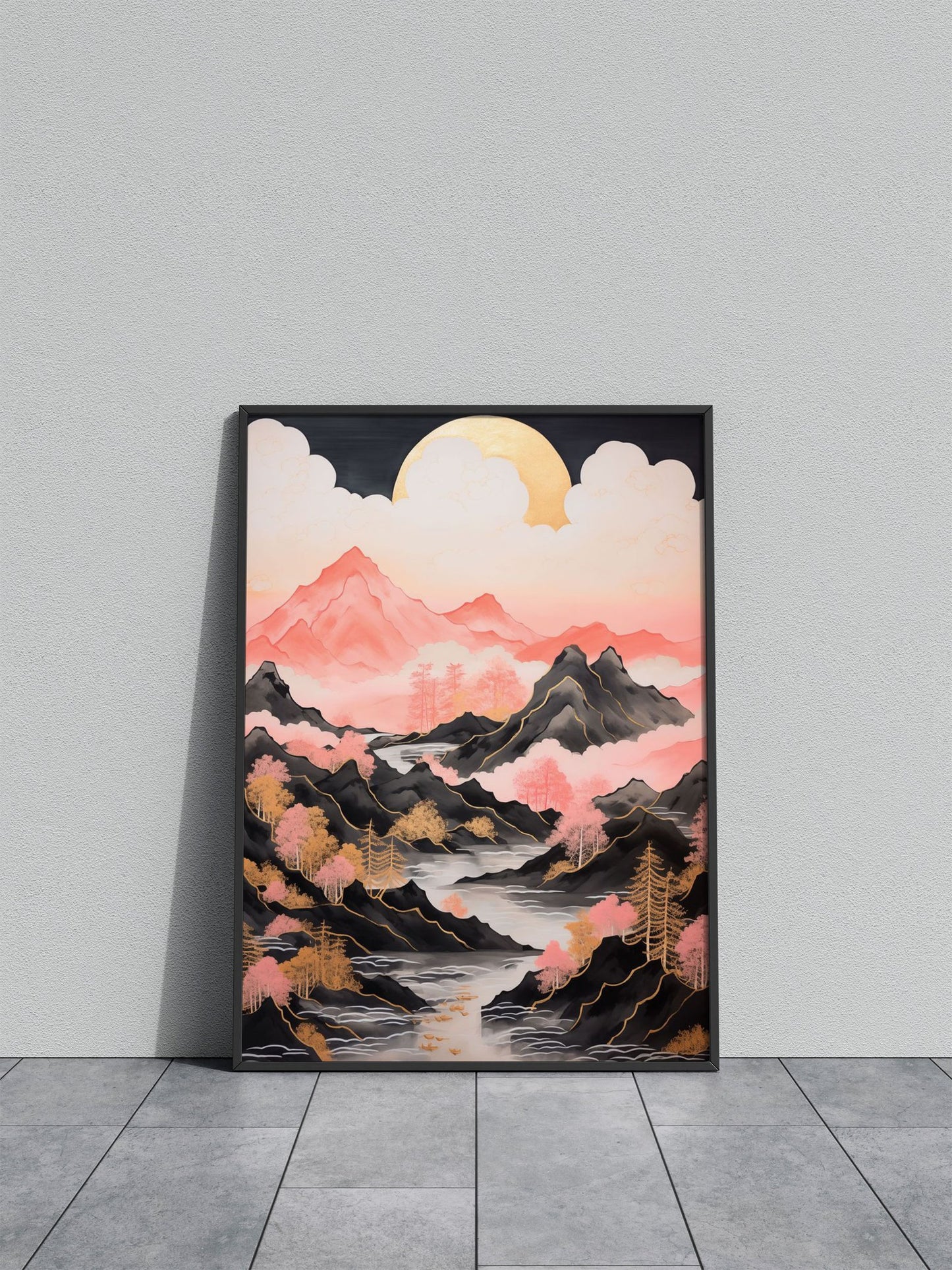 Pink Mountains Asian Style Poster | Wall Art fo r Home & Office | High-Quality Print