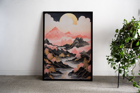 Pink Mountains Asian Style Poster | Wall Art fo r Home & Office | High-Quality Print