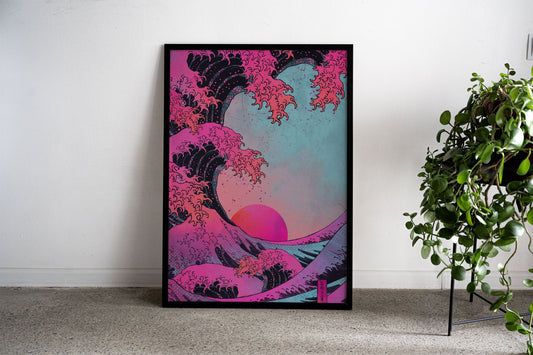 Pink Wave Sunset Asian Style Poster | Wall Art  for Home & Office | High-Quality Print