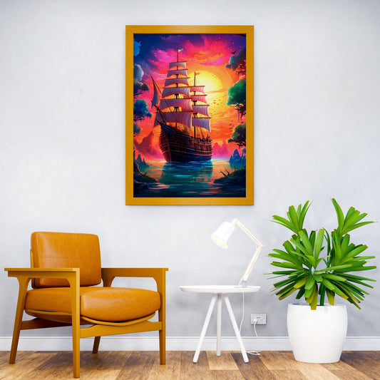 Pirate ship sunset Asian Style Poster | Wall Art  for Home & Office | High-Quality Print