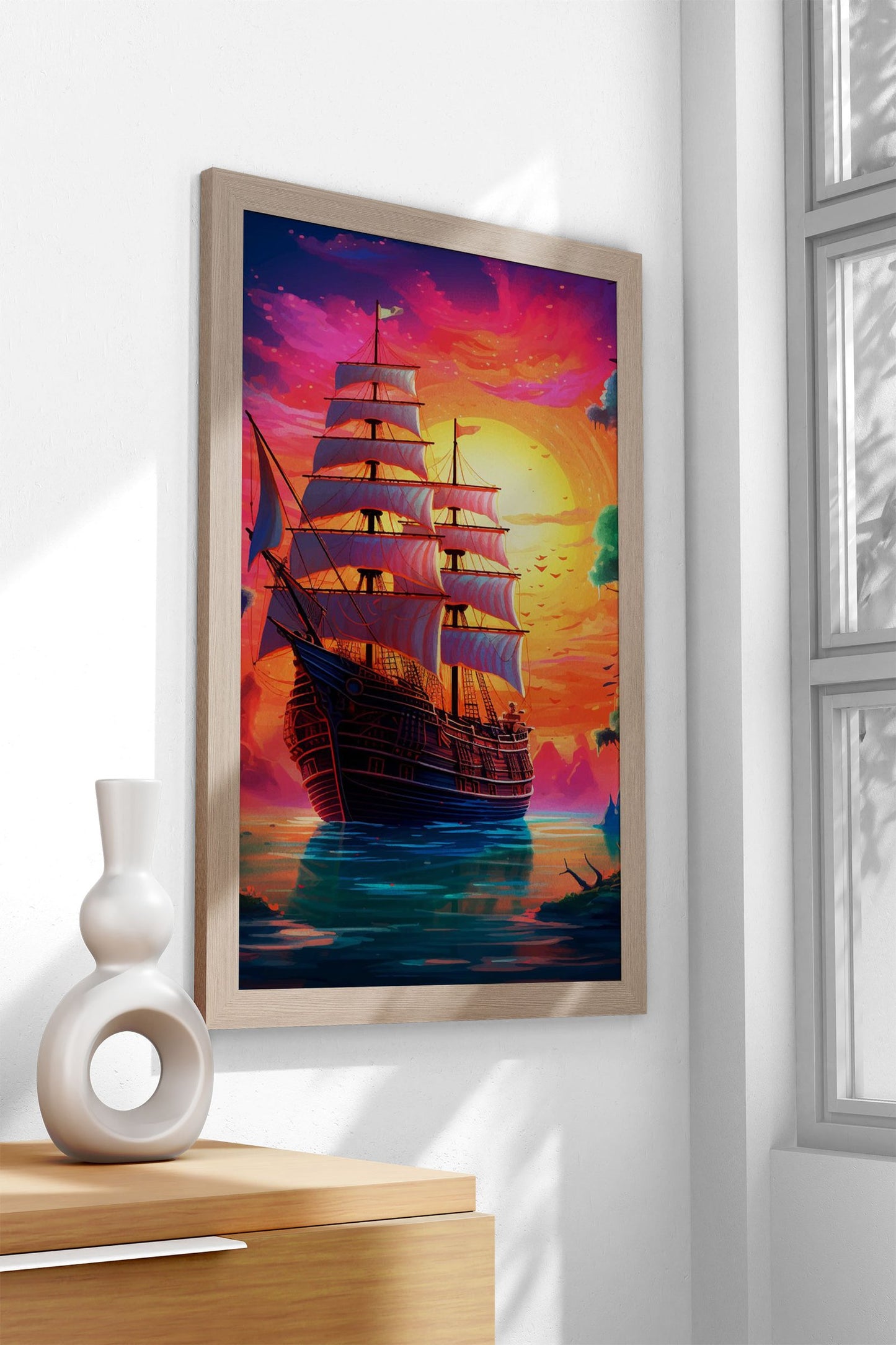 Pirate ship sunset Asian Style Poster | Wall Art  for Home & Office | High-Quality Print