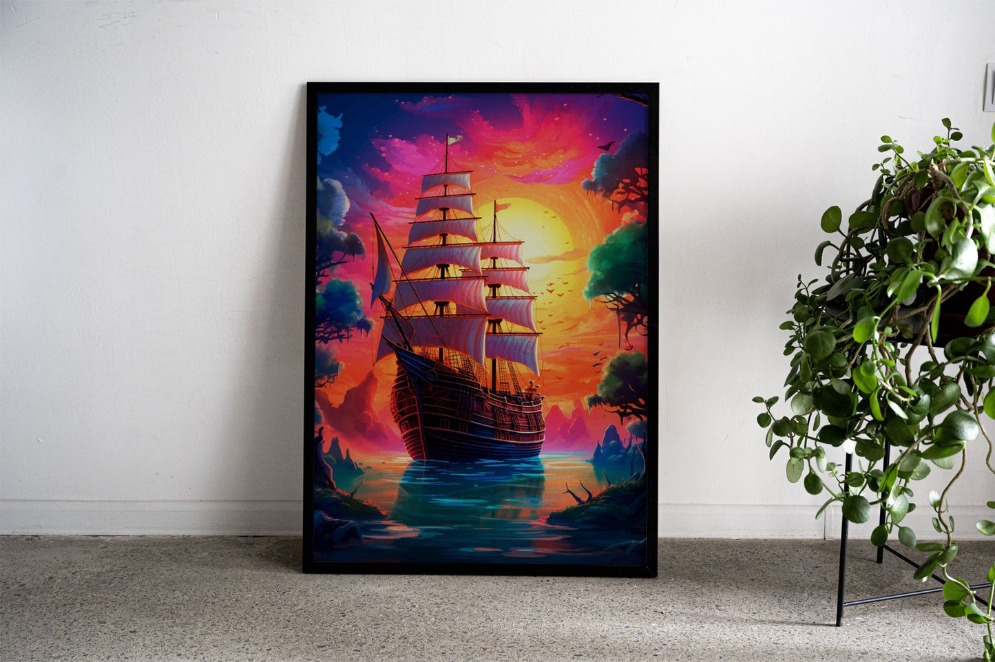 Pirate ship sunset Asian Style Poster | Wall Art  for Home & Office | High-Quality Print