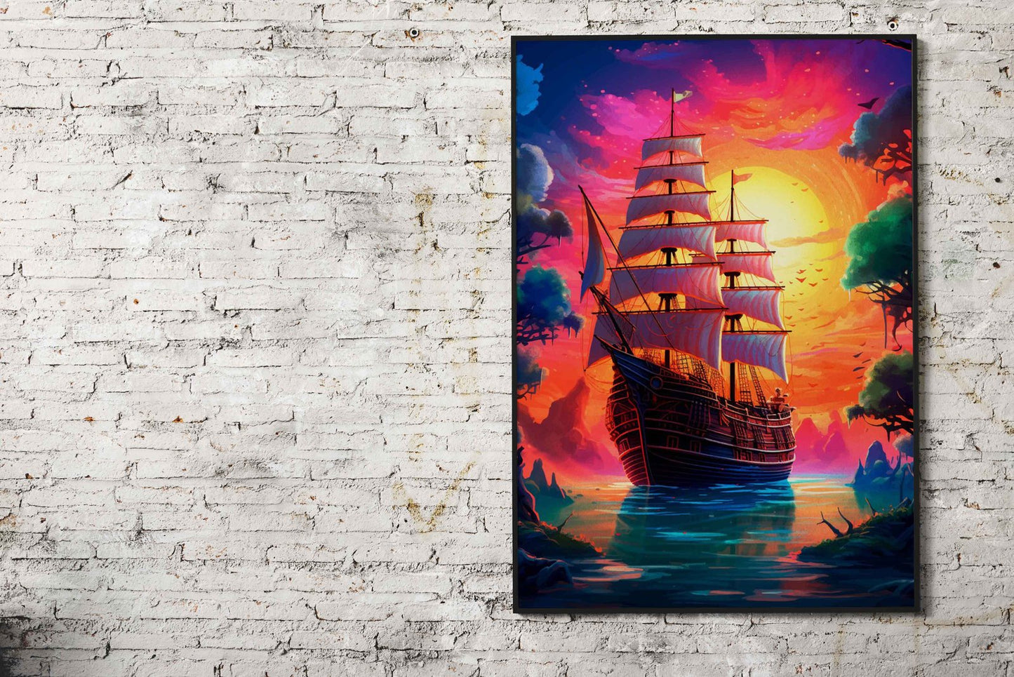 Pirate ship sunset Asian Style Poster | Wall Art  for Home & Office | High-Quality Print