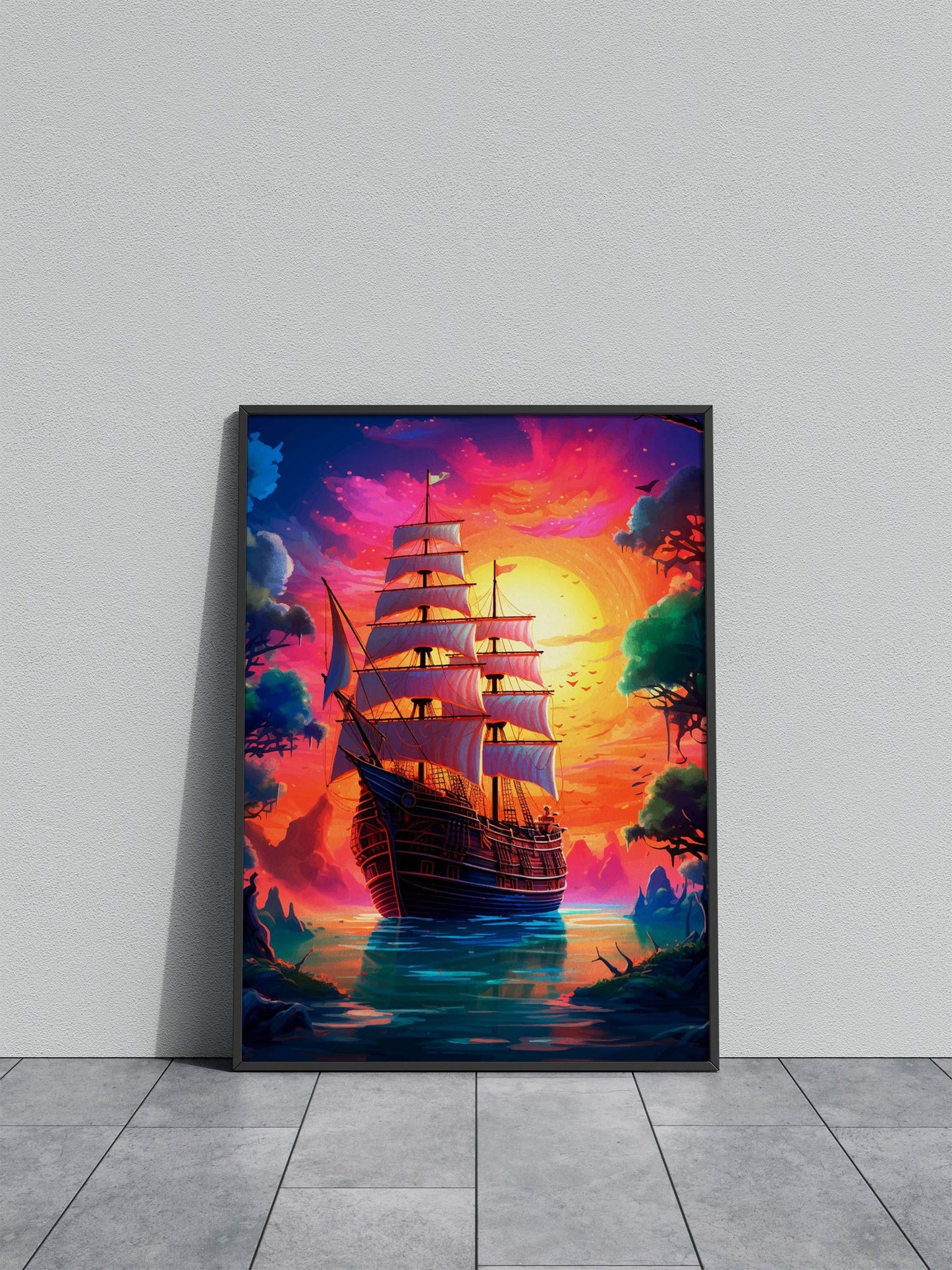 Pirate ship sunset Asian Style Poster | Wall Art  for Home & Office | High-Quality Print