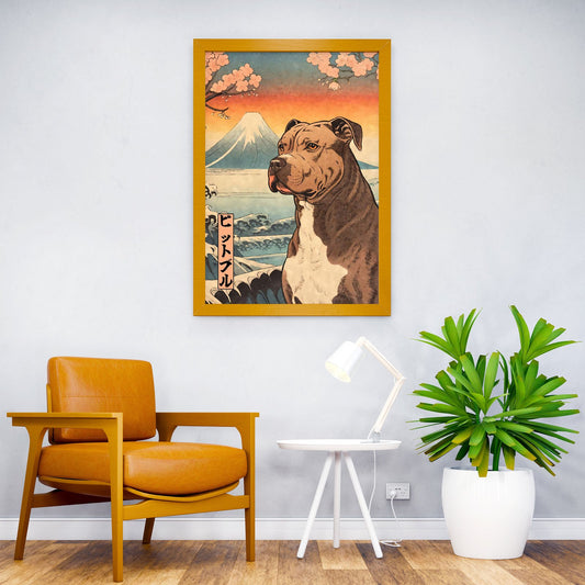 Pit Bull Terrier Woodblock Asian Style Poster |  Wall Art for Home & Office | High-Quality Print