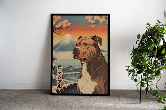 Pit Bull Terrier Woodblock Asian Style Poster |  Wall Art for Home & Office | High-Quality Print