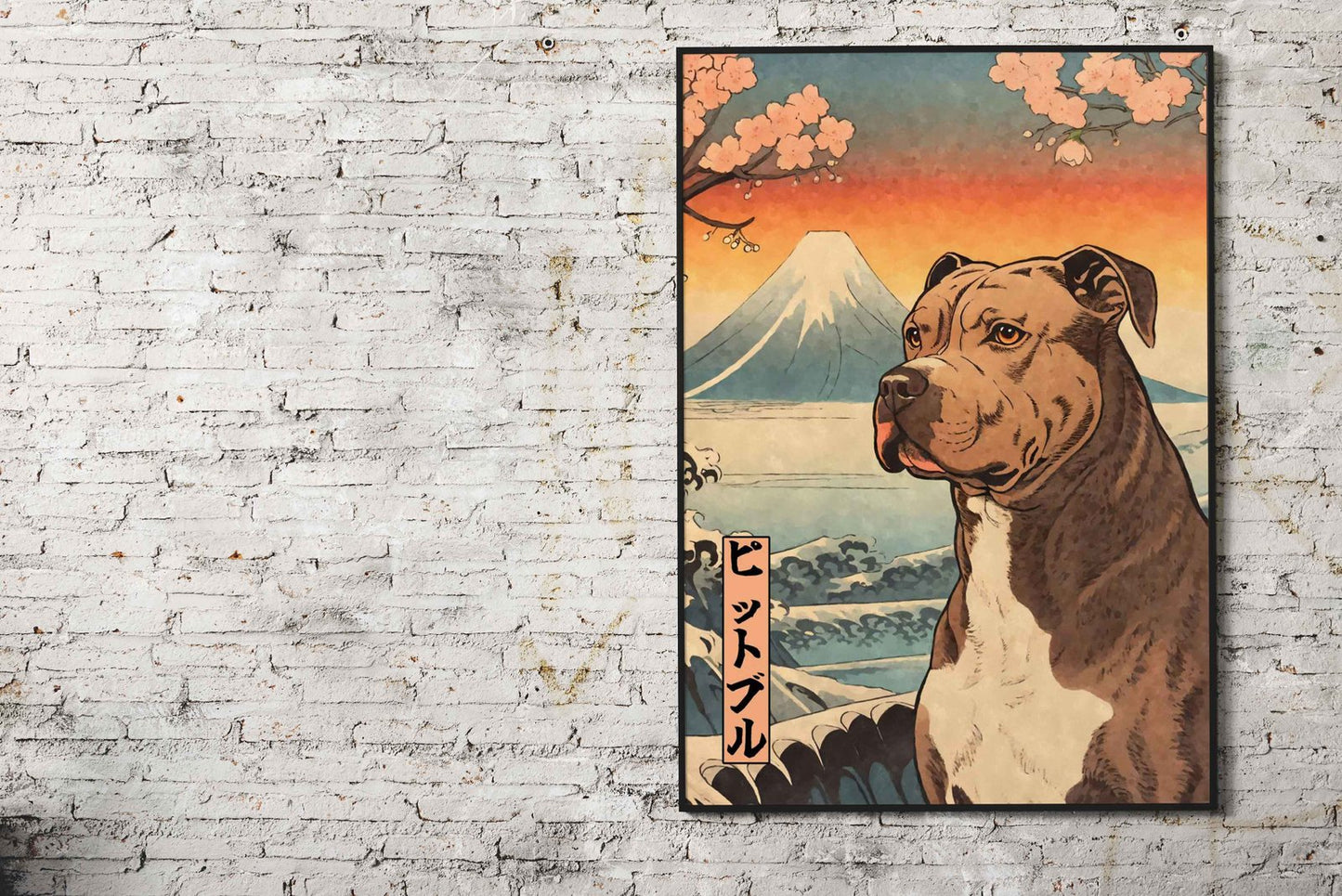 Pit Bull Terrier Woodblock Asian Style Poster |  Wall Art for Home & Office | High-Quality Print