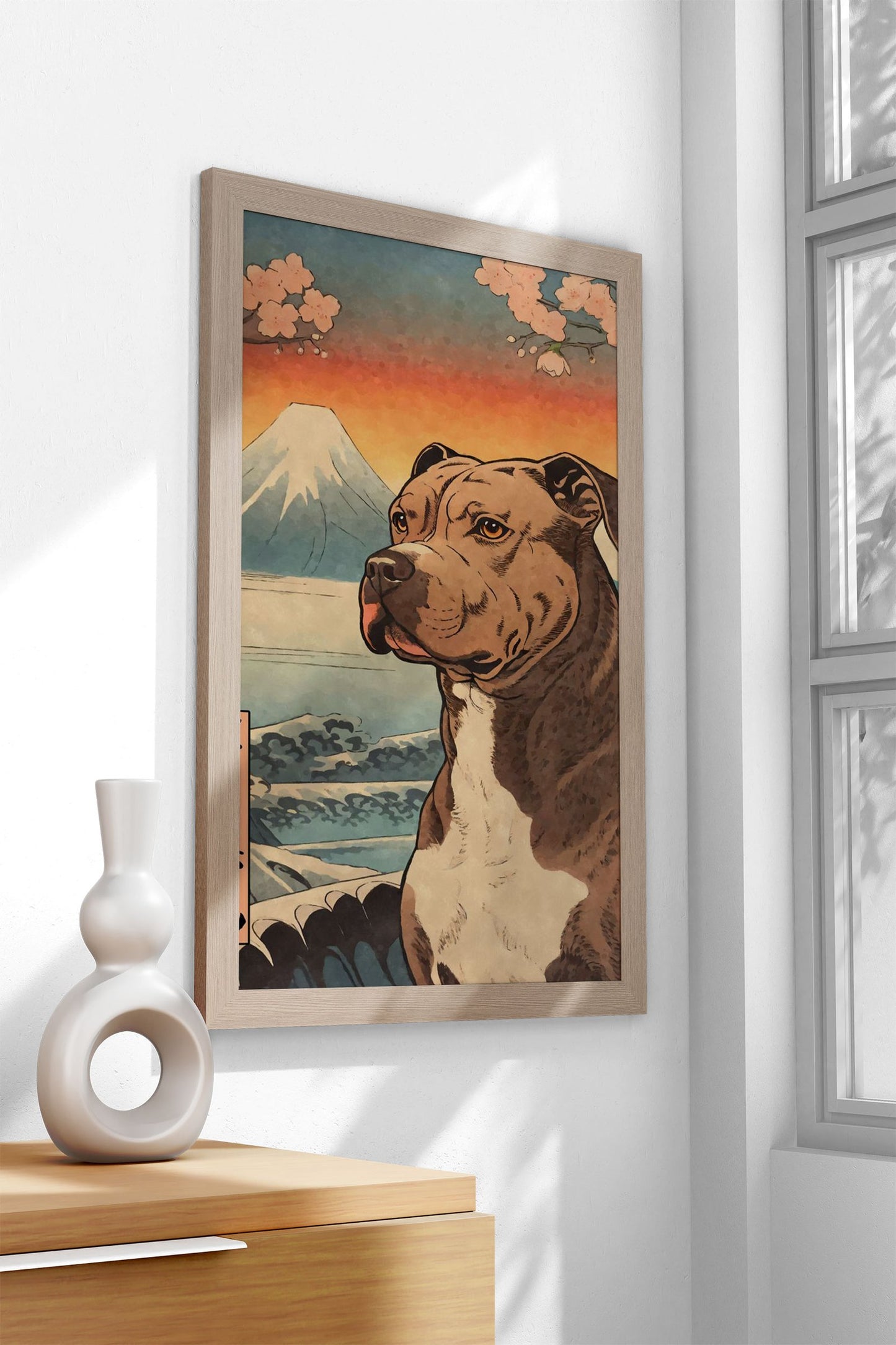 Pit Bull Terrier Woodblock Asian Style Poster |  Wall Art for Home & Office | High-Quality Print
