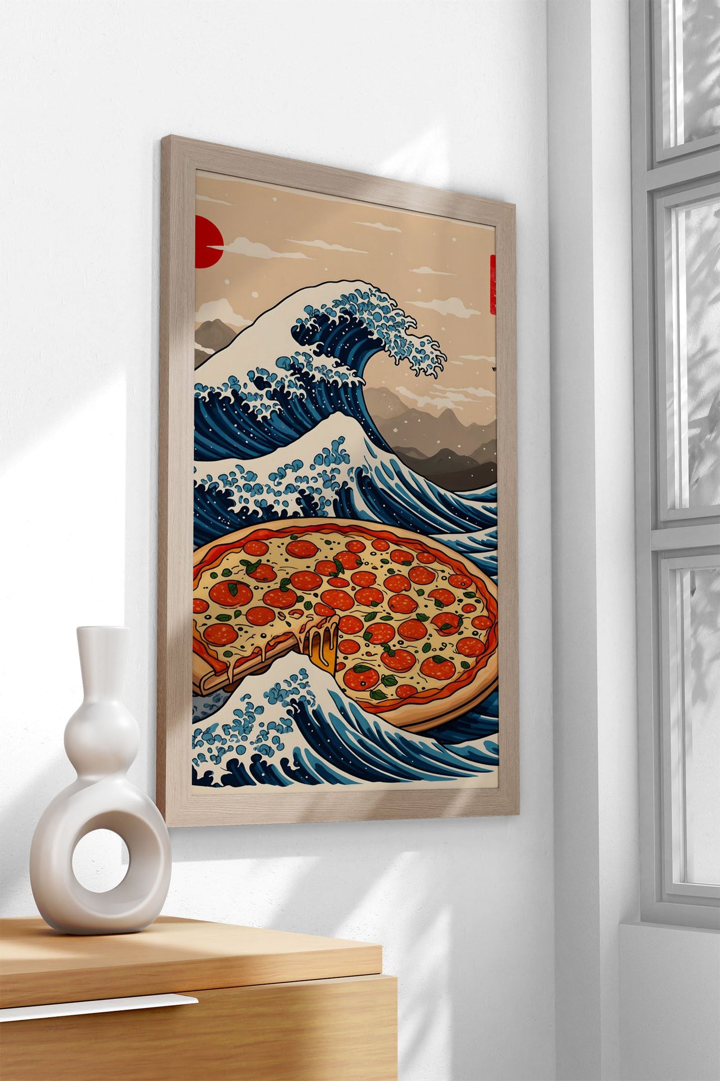 Pizza Great Wave Asian Style Poster | Wall Art  for Home & Office | High-Quality Print