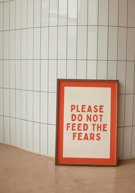 Please Do Not Feed The Fears | Red and Cream | Art Print - High-Quality Premium Wall Art Decor Sticker