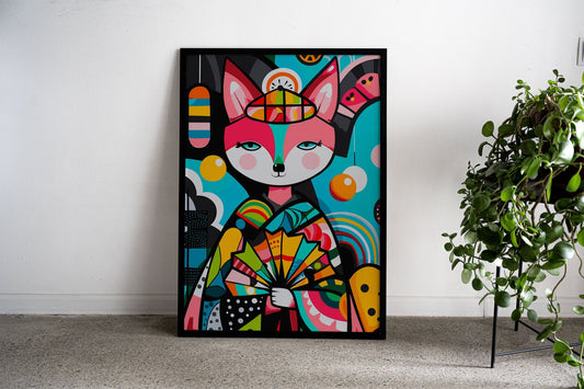 Pop Geisha Fox in Bloom Asian Style Poster |  Wall Art for Home & Office | High-Quality Print