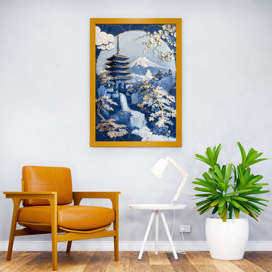 Porcelain Fuji Temple Art Asian Style Poster |  Wall Art for Home & Office | High-Quality Print