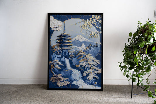 Porcelain Fuji Temple Art Asian Style Poster |  Wall Art for Home & Office | High-Quality Print