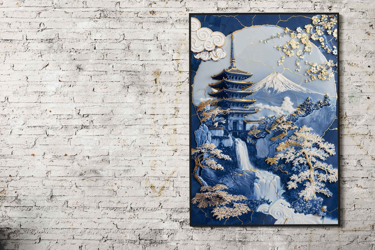 Porcelain Fuji Temple Art Asian Style Poster |  Wall Art for Home & Office | High-Quality Print - High-Quality Premium Wall Art Decor Sticker