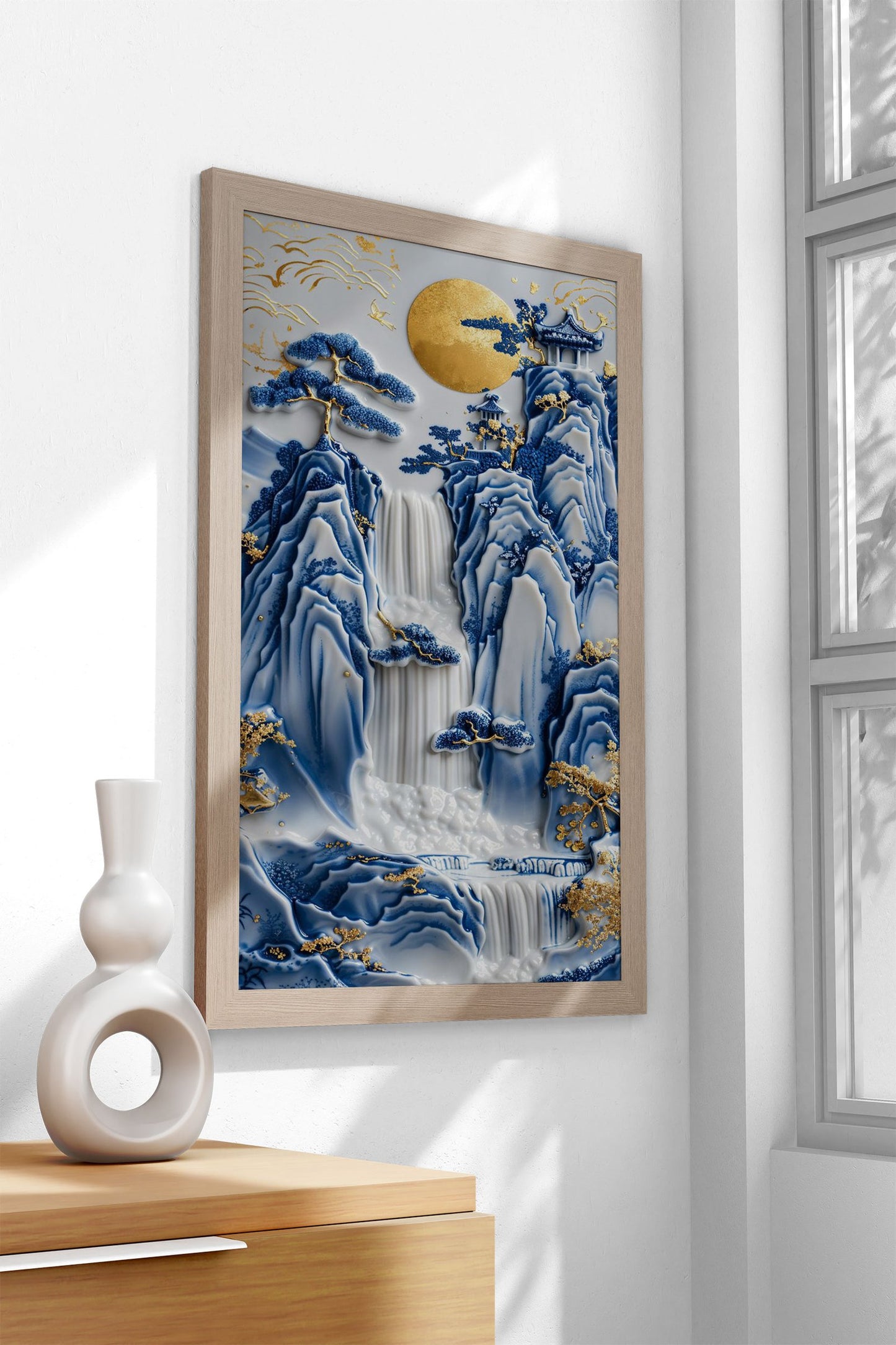 Porcelain Waterfall Temple Asian Style Poster  | Wall Art for Home & Office | High-Quality Print