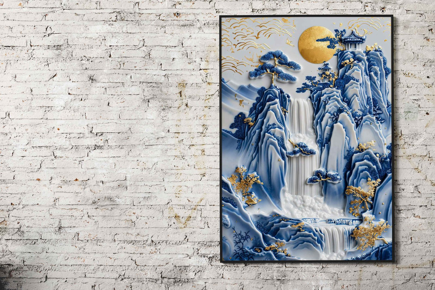 Porcelain Waterfall Temple Asian Style Poster  | Wall Art for Home & Office | High-Quality Print