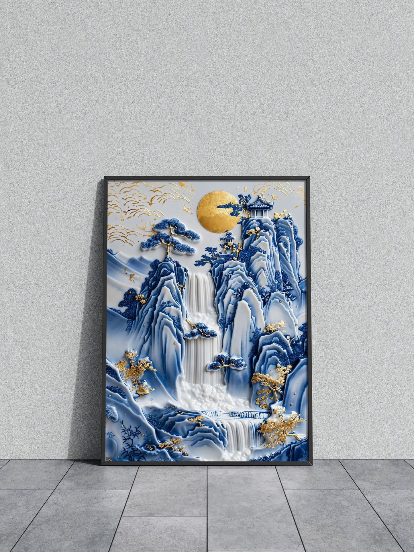 Porcelain Waterfall Temple Asian Style Poster  | Wall Art for Home & Office | High-Quality Print