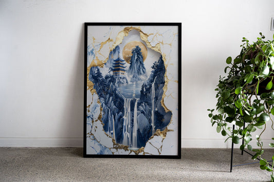 Porcelain Waterfall Vista Asian Style Poster | W all Art for Home & Office | High-Quality Print