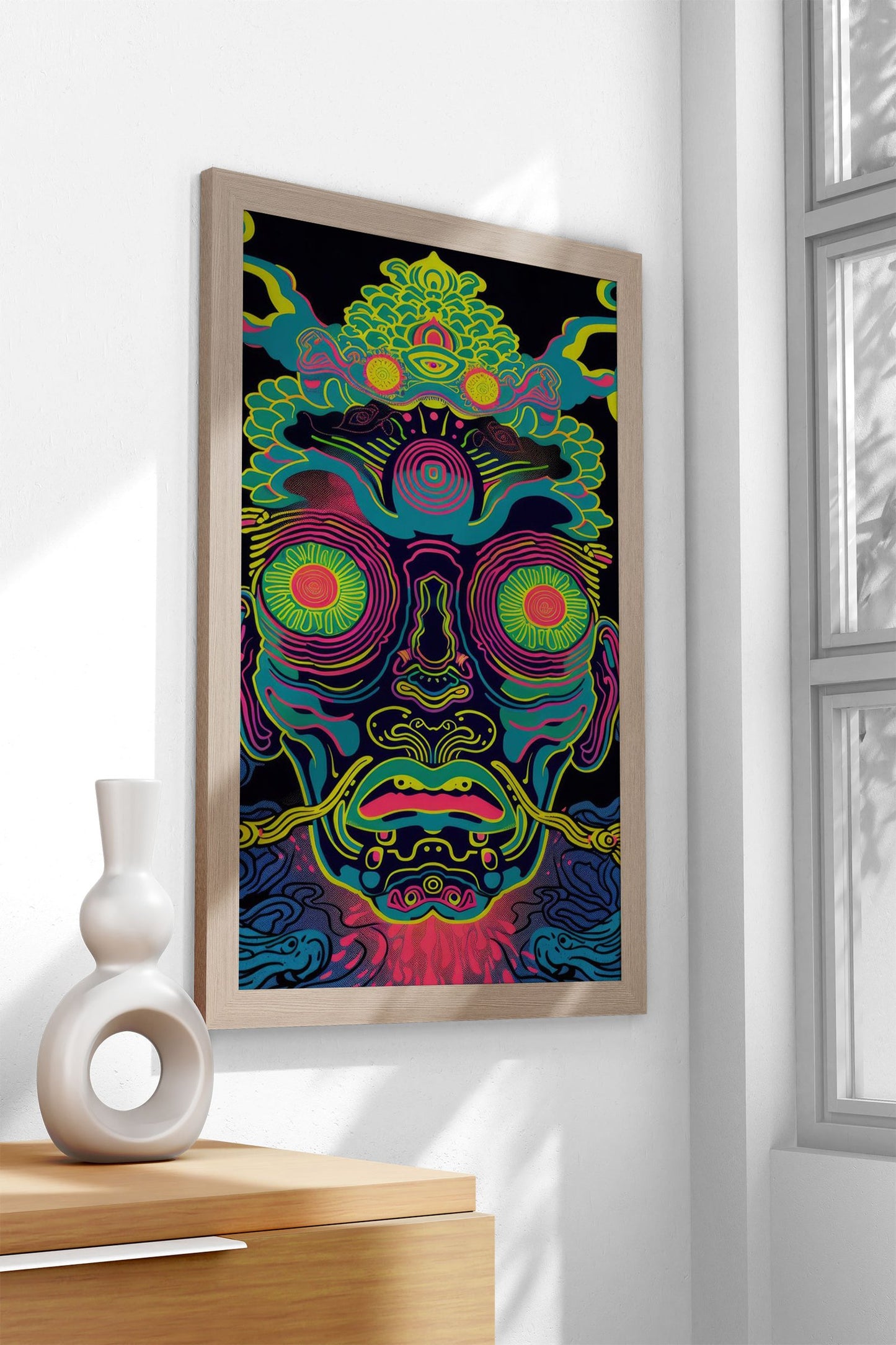 Psychedelic Neon Japanese Yokai Mask Asian  Style Poster | Wall Art for Home & Office | High-Quality Print