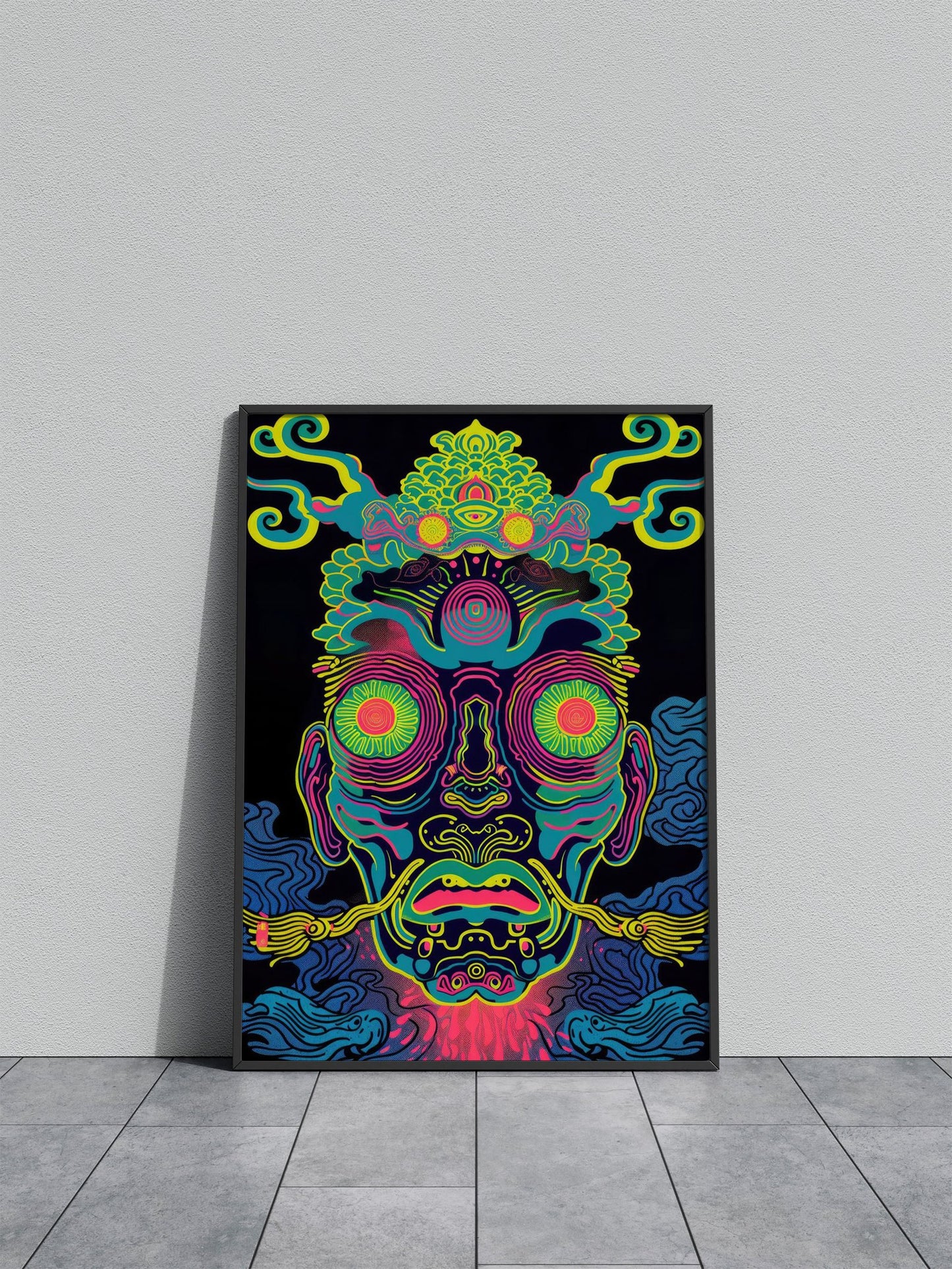 Psychedelic Neon Japanese Yokai Mask Asian  Style Poster | Wall Art for Home & Office | High-Quality Print