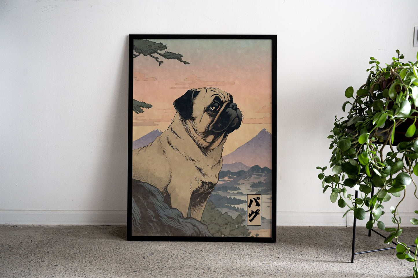 Pug Dog Woodblock Print Asian Style Poster |  Wall Art for Home & Office | High-Quality Print