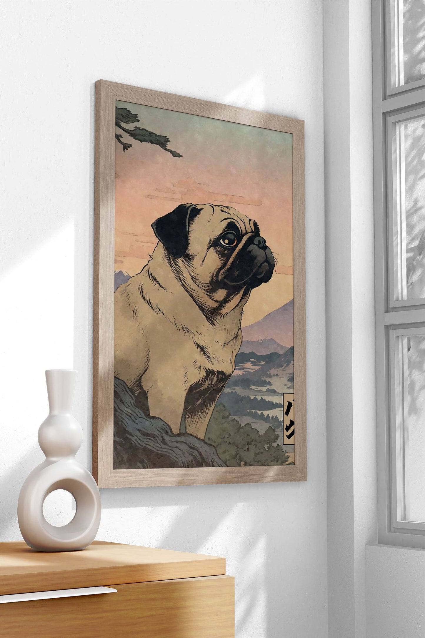 Pug Dog Woodblock Print Asian Style Poster |  Wall Art for Home & Office | High-Quality Print