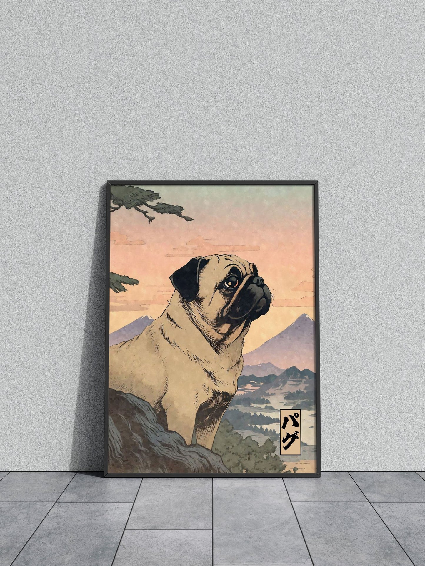 Pug Dog Woodblock Print Asian Style Poster |  Wall Art for Home & Office | High-Quality Print