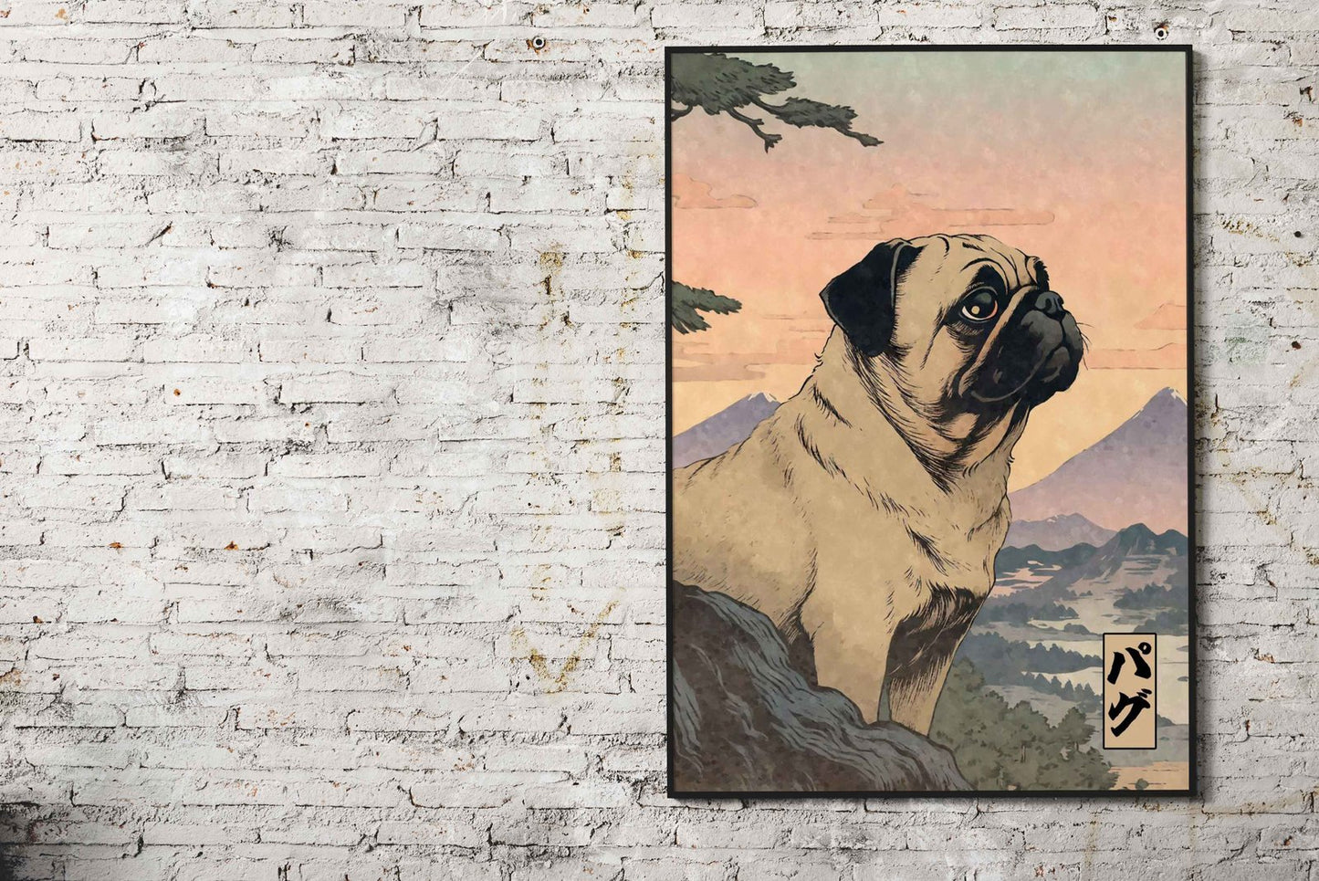 Pug Dog Woodblock Print Asian Style Poster |  Wall Art for Home & Office | High-Quality Print
