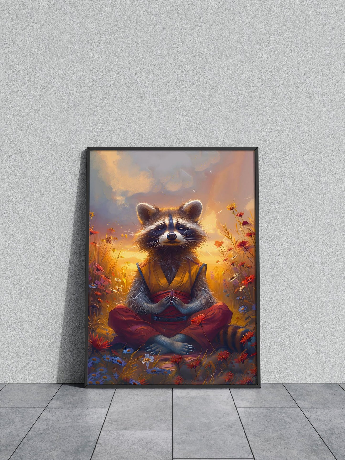 Raccoon Monk Meditate Asian Style Poster | W all Art for Home & Office | High-Quality Print