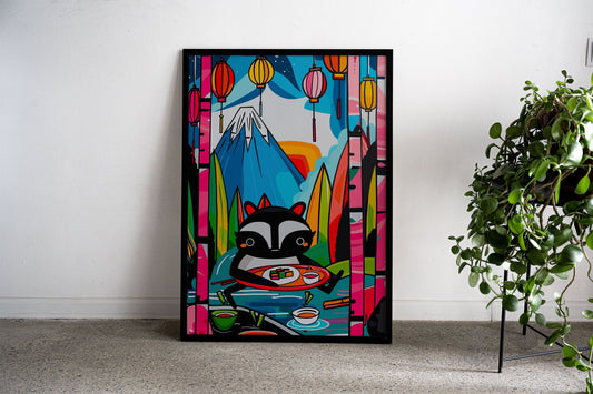 Raccoon Sushi Dream Feast Asian Style Poste r | Wall Art for Home & Office | High-Quality Print