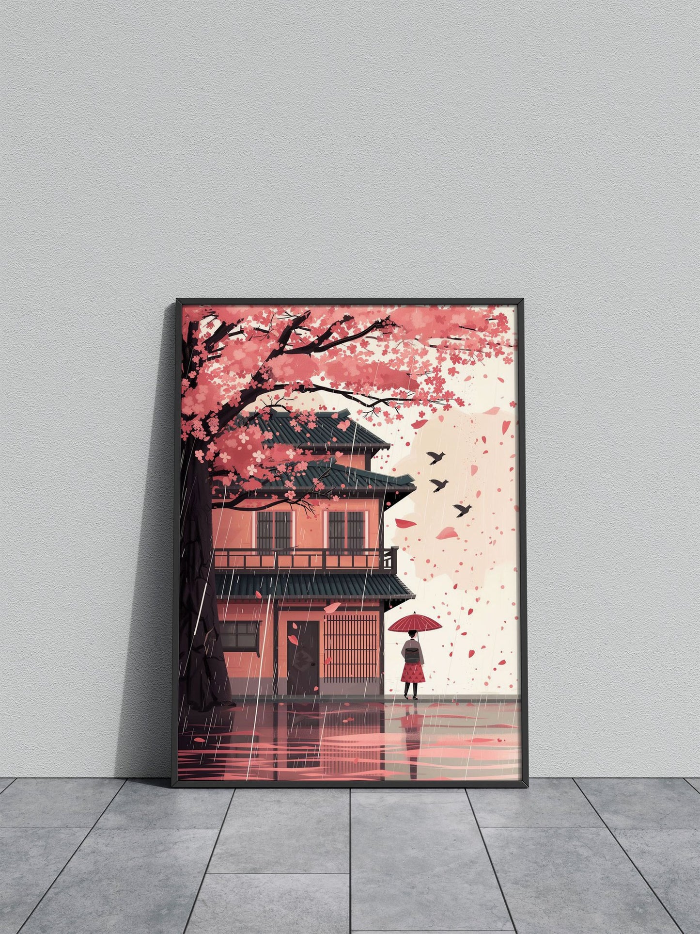 Rainy Sakura Walk Asian Style Poster | Wall Ar t for Home & Office | High-Quality Print