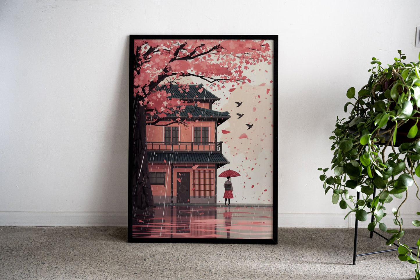 Rainy Sakura Walk Asian Style Poster | Wall Ar t for Home & Office | High-Quality Print