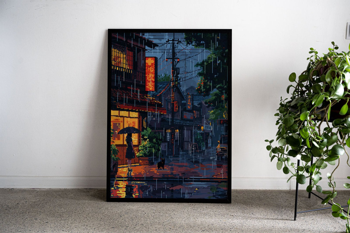 Rainy night pixel art Asian Style Poster | Wall A rt for Home & Office | High-Quality Print