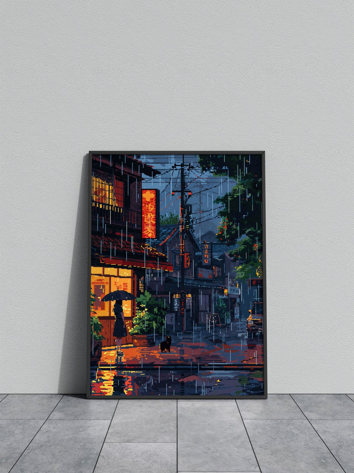 Rainy night pixel art Asian Style Poster | Wall A rt for Home & Office | High-Quality Print