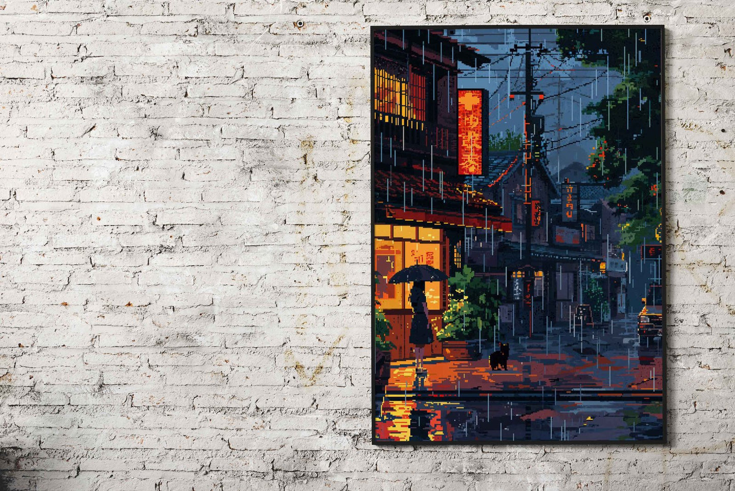 Rainy night pixel art Asian Style Poster | Wall A rt for Home & Office | High-Quality Print