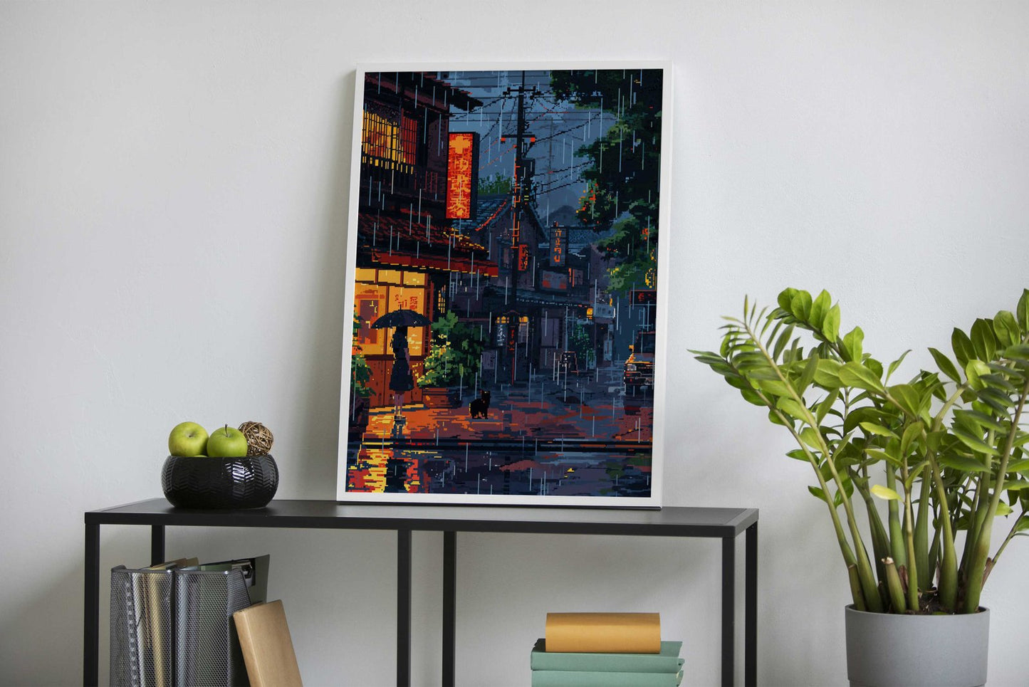 Rainy night pixel art Asian Style Poster | Wall A rt for Home & Office | High-Quality Print