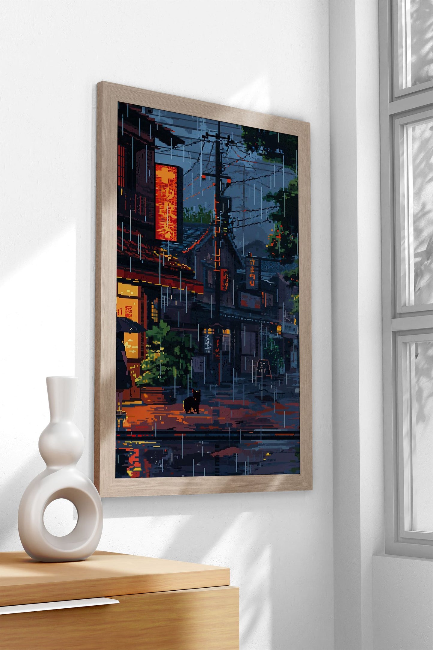 Rainy night pixel art Asian Style Poster | Wall A rt for Home & Office | High-Quality Print