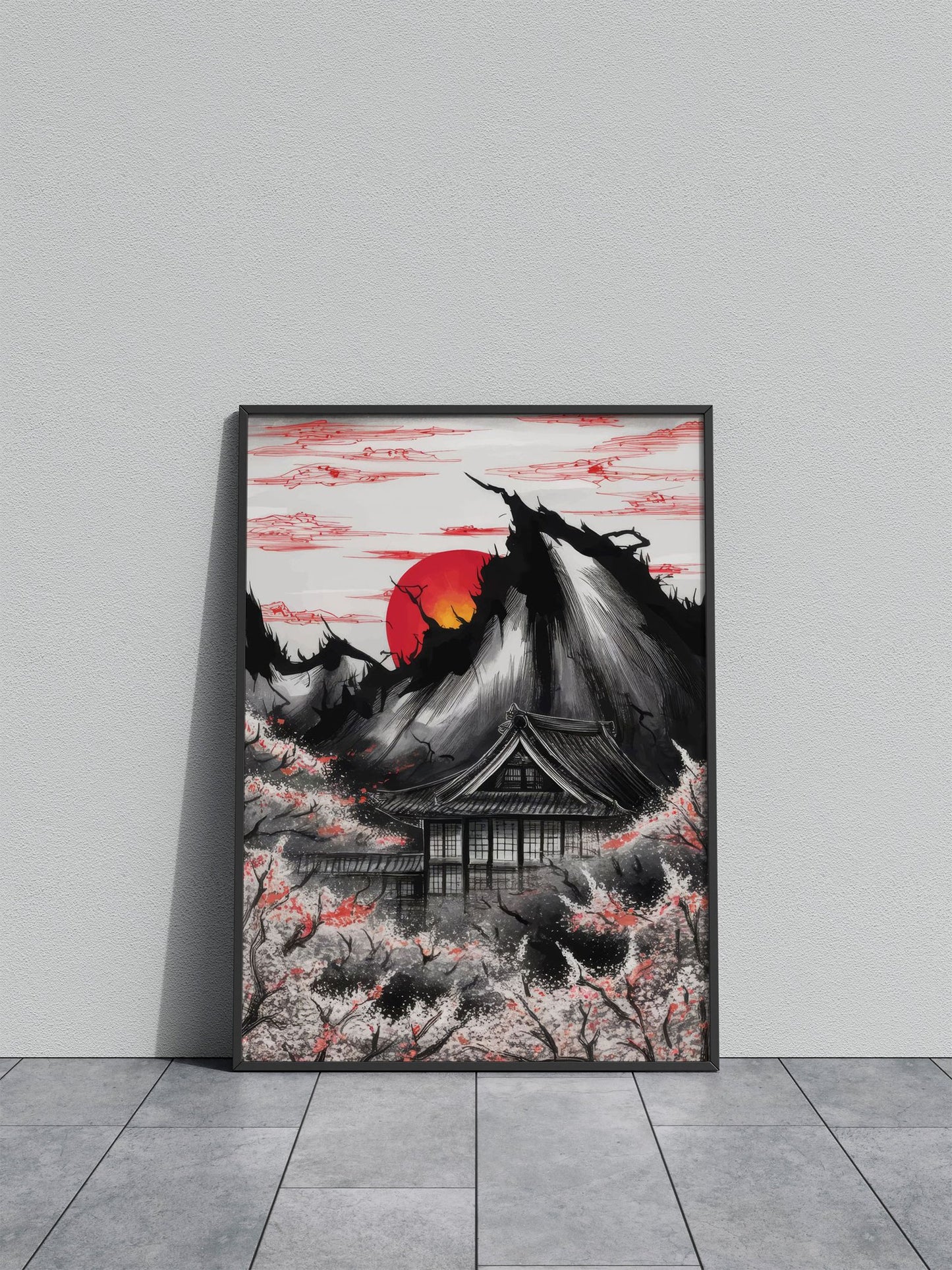 Red Japan Mountain Blossom Asian Style Poster | Wall Art for Home & Office | High-Quality Print