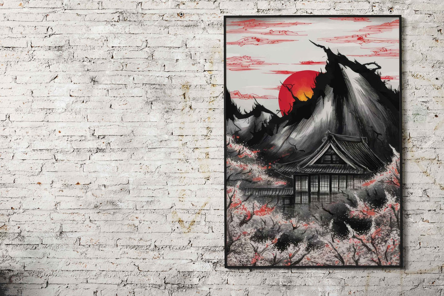 Red Japan Mountain Blossom Asian Style Poster | Wall Art for Home & Office | High-Quality Print