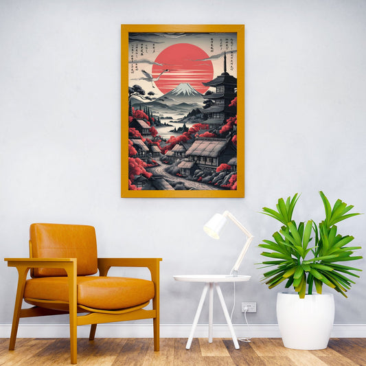 Red Moon Japanese Village Asian Style Poster | Wall Art for Home & Office | High-Quality Print - High-Quality Visual Display