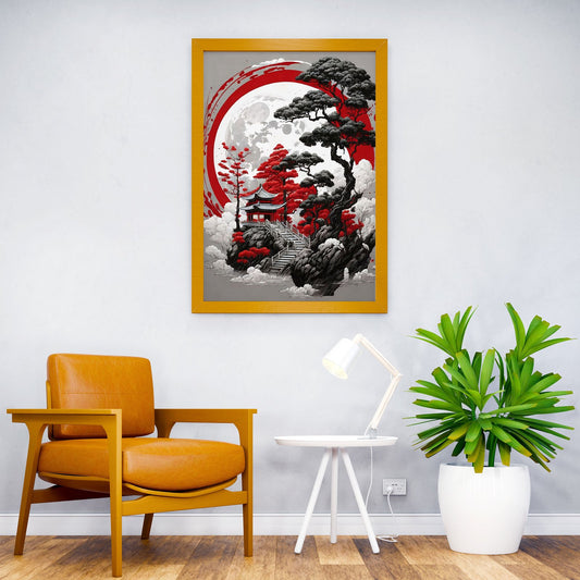 Red Moon Sanctuary Asian Style Poster | Wall Art for Home & Office | High-Quality Print - High-Quality Visual Display