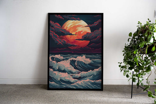 Red Moon Waves Japanese Japan Vaporwave Asian Style Poster | Wall Art for Home & Office | High-Quality Print - High-Quality Visual Display