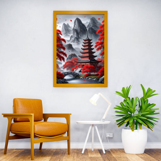 Red Pagoda in Misty Mountains Asian Style Poster | Wall Art for Home & Office | High-Quality Print - High-Quality Visual Display