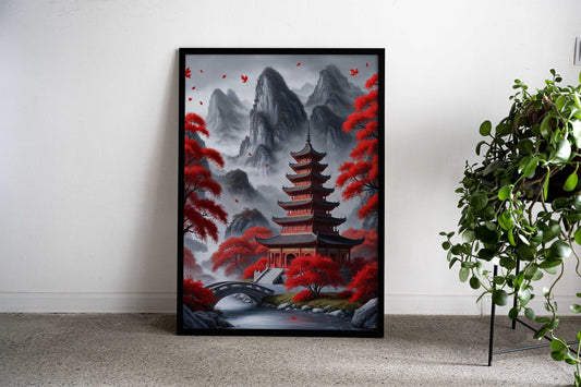 Red Pagoda in Misty Mountains Asian Style Poster | Wall Art for Home & Office | High-Quality Print - High-Quality Visual Display