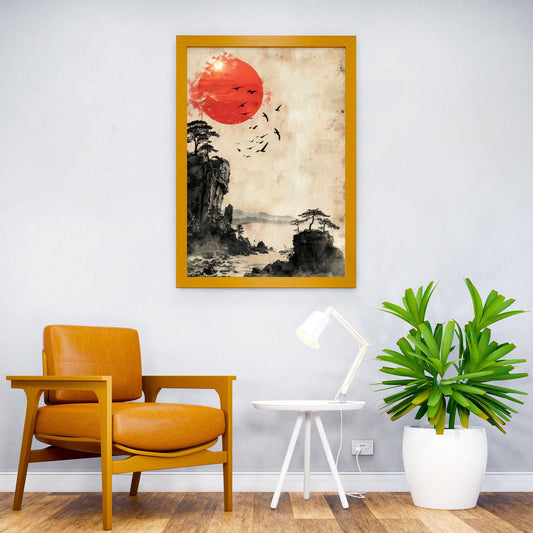 Red Sun Landscape Painting Asian Style Poster | Wall Art for Home & Office | High-Quality Print - High-Quality Visual Display
