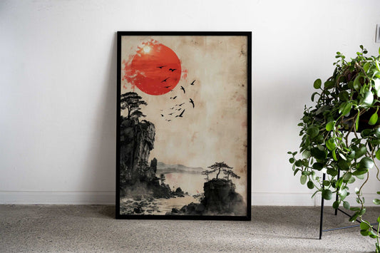 Red Sun Landscape Painting Asian Style Poster | Wall Art for Home & Office | High-Quality Print - High-Quality Visual Display