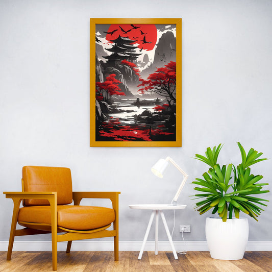 Red Sun Pagoda Asian Style Poster | Wall Art for Home & Office | High-Quality Print - High-Quality Visual Display