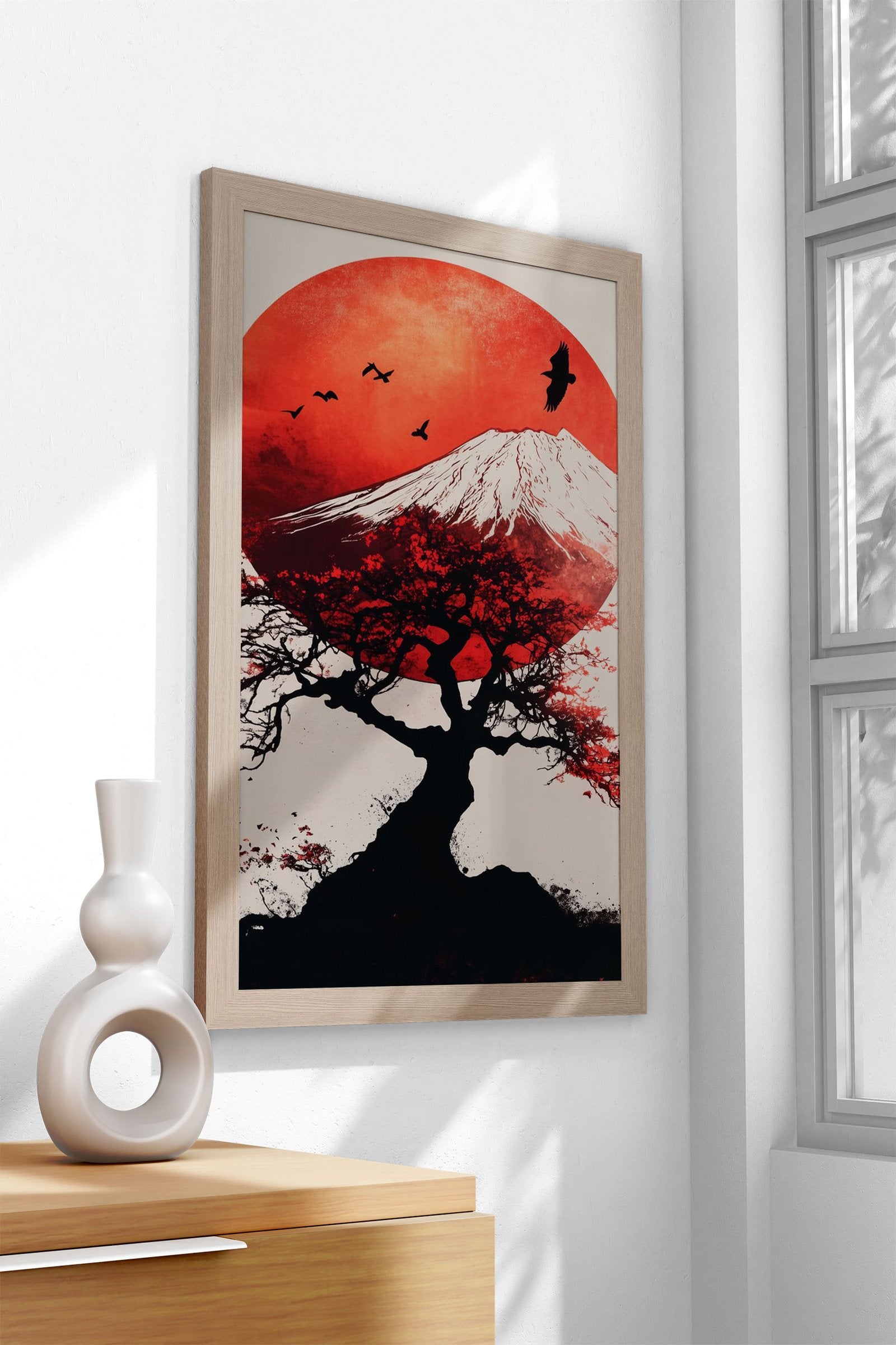 Red Sun & Mountain Asian Style Poster | Wall Art for Home & Office | High-Quality Print - High-Quality Visual Display
